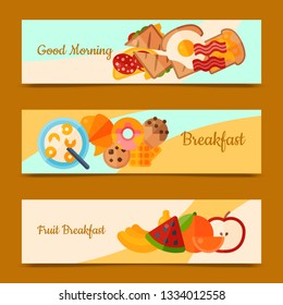 Breakfast brunch concept set of banners vector illustration. Healthy start day. Eating in the morning. Good morning. Fruit breakfast. Food collection with apple, sandwich and fried eggs.