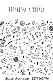 Breakfast and brunch cover, set of abstract isolated design elements in pattern. Food and drinks. Hand drawn vector black and white illustrations. Cartoon, doodle. Coffee, milk, toasts, vegetables.