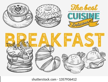 Breakfast and brunch food illustration - bagel, coffee, pancake, egg for restaurant. Vector hand drawn poster for cafe and bar. Design with lettering and doodle vintage graphic.