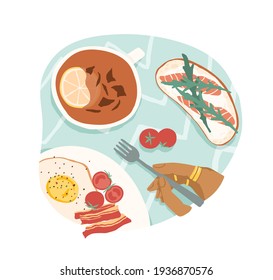 Frühstück oder Brunch mit gebratenen Eiern und Speck, Kirschtomaten, Sandwich mit Lachs und Tee mit Zitrone. Mittagessen. farbige flache Vektorgrafik einzeln auf weißem Hintergrund