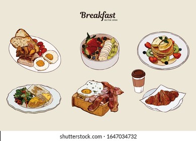 Breakfast brunch healthy start day options food collection with american breakfast style, omlette, egg in toast, smoothie bowl, pancake and coffee with crossiant. Hand draw sketch vector illustration