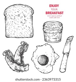 Breakfast and brunch illustration. Design for a menu in a restaurant or cafe. Vintage hand drawn sketch vector illustration. Balanced nutrition for your health.