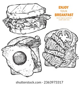Breakfast and brunch illustration. Design for a menu in a restaurant or cafe. Vintage hand drawn sketch vector illustration. Balanced nutrition for your health.
