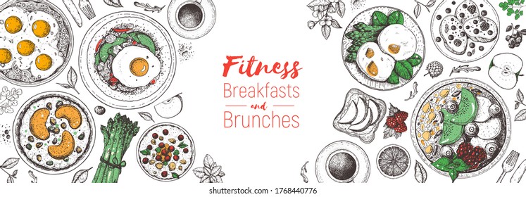 Breakfast, brunch menu design elements, top view food. Morning food menu design. Breakfasts and brunches dishes collection. Vintage hand drawn sketch, vector modern illustration. Delicious recipes.