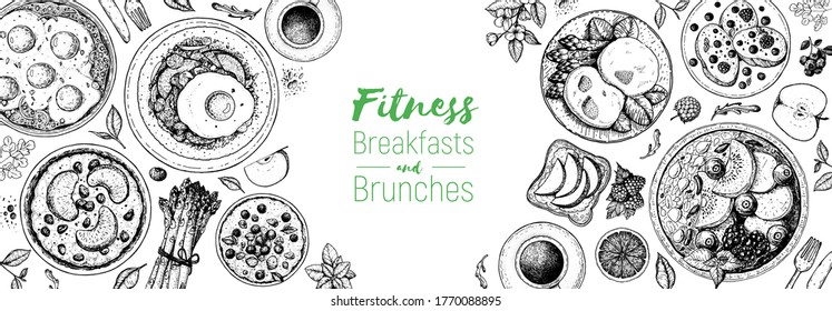 Breakfast, brunch menu design elements, top view food. Morning food menu design. Breakfasts and brunches dishes collection. Vintage hand drawn sketch, vector modern illustration. Delicious recipes.