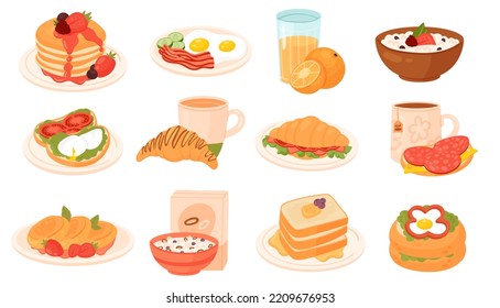 Desayuno, menú brunch conjunto ilustración vectorial. Tostadas de cereales de caricatura y cruasanes en el plato y taza de té, sándwich con salchicha, huevo frito con tocino aislado en blanco. Comida rápida, concepto matutino