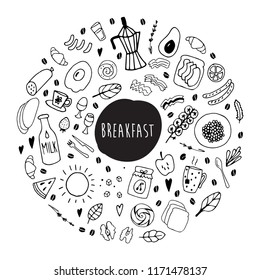 Breakfast and brunch, set of abstract isolated design elements. Food and drinks. Hand drawn vector black and white illustrations. Cartoon, doodle.