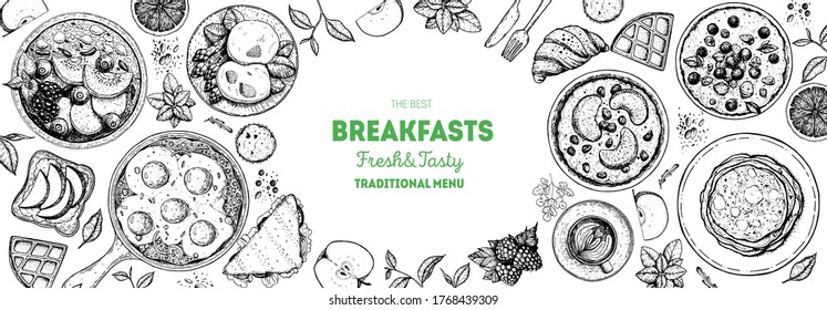 Breakfast, brunch sketch design elements, top view food. Morning food menu design. Breakfasts and brunches dishes collection. Vintage hand drawn sketch, vector illustration. Engraved style.