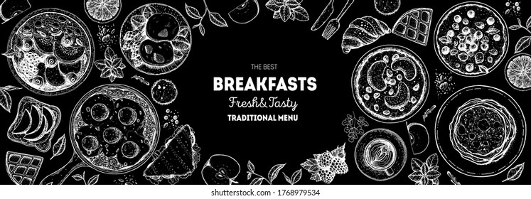 Breakfast, brunch sketch design elements, top view food. Morning food menu design. Breakfasts and brunches dishes collection. Vintage hand drawn sketch, vector illustration. Engraved style.