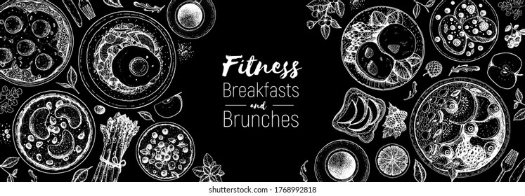 Breakfast, brunch sketch design elements, top view food. Morning food menu design. Breakfasts and brunches dishes collection. Vintage hand drawn sketch, vector illustration. Engraved style.