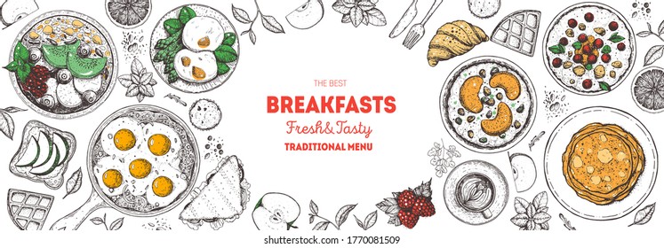 Breakfast, brunch sketch design elements, top view food. Morning food menu design. Breakfasts and brunches dishes collection. Vintage hand drawn sketch, vector illustration. Engraved style.