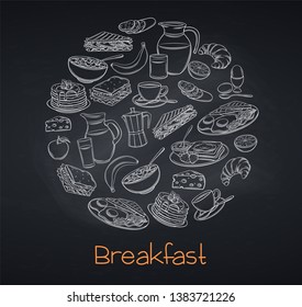 Breakfast and brunch vector illustration, blackboard style. Breakfast banner with yogurt, milk, cottage cheese and smoothies. Sketch brunch menu design butter, sour cream, camembert and whipped cream.