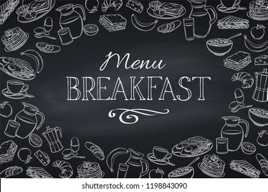 Breakfast and brunch vector illustration. Dairy product icons. Engraving yogurt, milk, cottage cheese and smoothies. Sketch butter, sour cream, camembert and whipped cream. Chalkboard style.