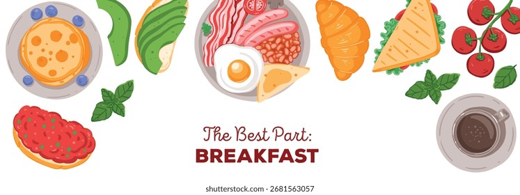Desayuno, Ilustración vectorial de brunch. Vista superior. Menú, paquete, logotipo, Plantilla de diseño.