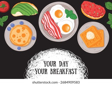 Frühstück, Brunch, Vektorgrafik. Draufsicht. Menü, Paket, Logo, Designvorlage.