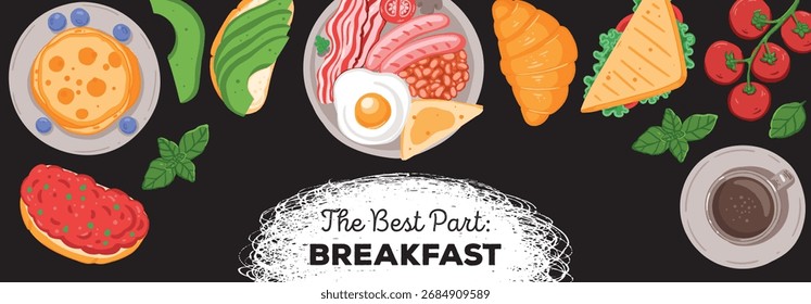 Café da manhã, brunch ilustração vetorial. Vista superior. Menu, pacote, logotipo, modelo de design.