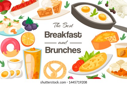 Breakfast and brunches concept banner vector illustration. Healty breakfast of fried, boiled and scrambled eggs, donut and pie with ice cream, cheese. Served breakfast. Honey.