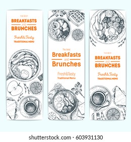 Breakfast and brunches vintage design template. Vertical banners set. Vector illustration hand drawn, linear art.  Hand drawn sketch. Food menu design. Engraved image