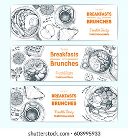 Breakfast and brunches vintage design template. Horizontal banners set. Vector illustration hand drawn, linear art.  Hand drawn sketch. Food menu design. Engraved image