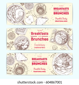 Breakfast and brunches vintage design template. Horizontal banners set. Vector illustration hand drawn, linear art. Hand drawn sketch. Food menu design