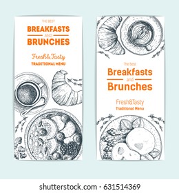 Breakfast and brunches vintage design template. Vertical banners set. Vector illustration hand drawn, linear art. Hand drawn sketch flyers. Food menu design. Engraved image.