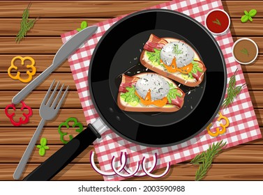 Breakfast bruschetta in a pan on the table background  illustration