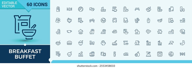 Breakfast Buffet thin line icon set. Featuring isolated, black, kids, set, snack, icon, glyph and more. Perfect for logos and infographics. Vector illustration in modern line style.