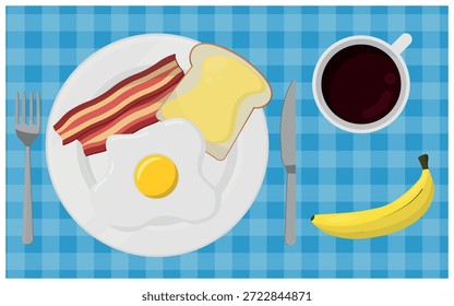 Desayuno con tostada de mantequilla, huevo frito y tocino servido con café y un plátano en un mantel a cuadros azules. Vista superior, Ilustración, Vector.