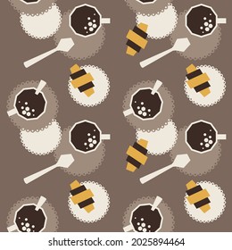 Breakfast in a cafe with a cup of coffee and a croissant. Seamless coffee pattern in flat graphic style