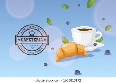 Breakfast in cafe, cup of coffee and french croissant, cafeteria stamp icon vector illustration. Cafe invitation poster, bakery advertisement, cafeteria breakfast offer. Coffee shop morning menu cover