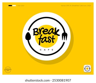 Breakfast cafe emblem. Identity. Text, fried egg, letters, spoon and fork into a circle. Identity. App button.