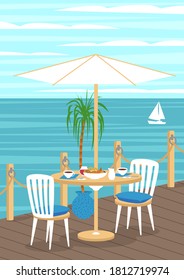 Breakfast in cafe with sea view. Wooden pier with rope fence. Summer holiday. Vector illustration.