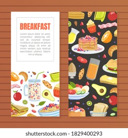 Breakfast Card Banner Template with Tasty Morning Meal Dishes and Place for Text, Advertising Banner, Poster, Flyer, Brochure or Packaging Element Vector Illustration