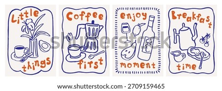 Breakfast card designs set in doodle scribble style. Modern kitchen posters with phrases, handdrawn moka pot, coffee cup, retro line drawings, whimsical sketches. Hand-drawn vector illustrations