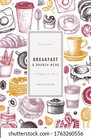 Breakfast card or invitation in color. Morning food and hot drinks menu vector template. Breakfast and brunch dishes background. Vintage hand drawn food sketches. Engraved style breakfast design.