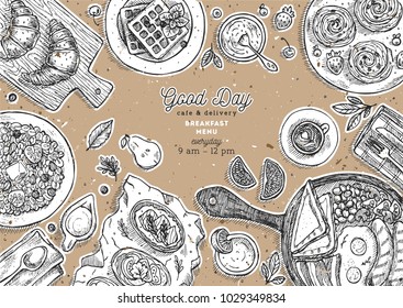 Breakfast cardboard background. Various food background. Engraved style illustration. Hero image. Vector illustration