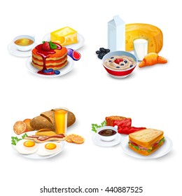 Breakfast Cartoon Compositions Set Isolated Vector Illustration