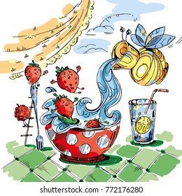 Breakfast. Cartoon food. Funny characters. Strawberries and milk. Glass of water with lemon. Healthy food. Proper nutrition. Dairy products. Vector illustration. Postcard