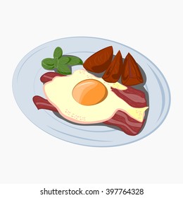 Breakfast cartoon icon with omelette, bacon, basil, tomato. Vector stock illustration.