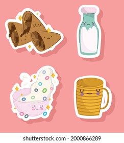 breakfast cartoon milk cup and cereal