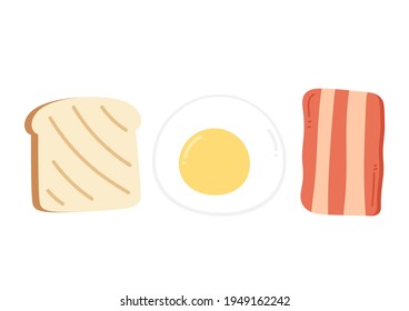 Breakfast cartoon vector. Bread, Egg and Bacon on white background.