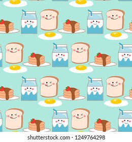 Breakfast cartoon vector  seamless pattern.Milk carton,Pancake,Bread,egg . paper wrapping.