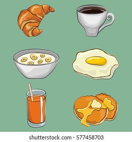 Breakfast cartoon vector set: fried eggs, coffee, pancakes, cereal, orange juice, croissant. Traditional food icon collection isolated on background.