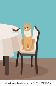 Breakfast with cat flat vector illustration. Ginger kitten stole sausage. Tricky little domestic animal, kitty stealing food