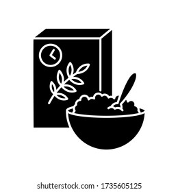 Breakfast and cereal black glyph icon. Fresh muesli in bowl. Flakes products for eating in morning. Lunch meal in box package. Silhouette symbol on white space. Vector isolated illustration