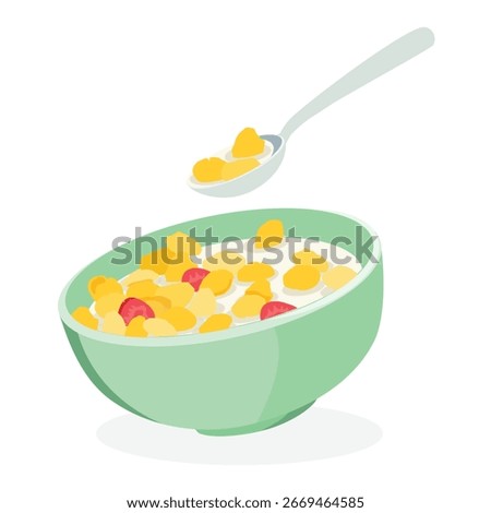 Breakfast cereal in bowl with spoon, isolated on white background.  Golden corn flakes. Sweet kids food. Crispy corn flakes with milk and strawberries. Vector illustration