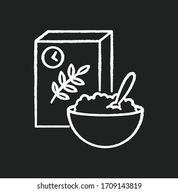 Breakfast and cereal chalk white icon on black background. Fresh muesli in bowl. Flakes products for eating in morning. Lunch meal in box package. Isolated vector chalkboard illustration