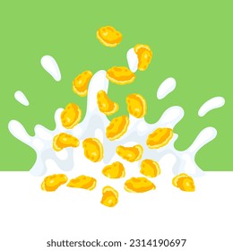 Breakfast cereal falls into milk. Image of healthy food.
