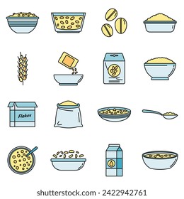 Breakfast cereal flakes icons set. Outline set of breakfast cereal flakes vector icons thin line color flat on white