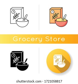 Breakfast and cereal icon. Fresh muesli in bowl. Flakes products for eating in morning. Lunch in box package. Whole grain vegan food. Linear black and RGB color styles. Isolated vector illustrations